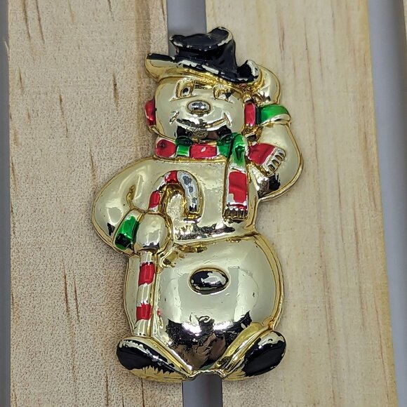 JJ Jewelry - Vintage Signed JJ Gold-Tone Snowman Brooch Pin With Christmas Colors & Candy Can